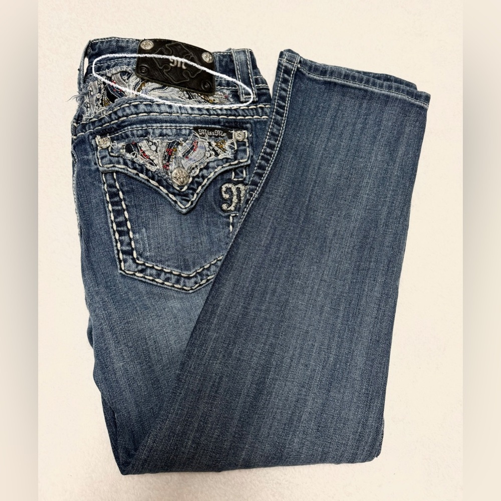 Miss Me Medium Blue Boot Cut Jeans with Pocket Embellishments